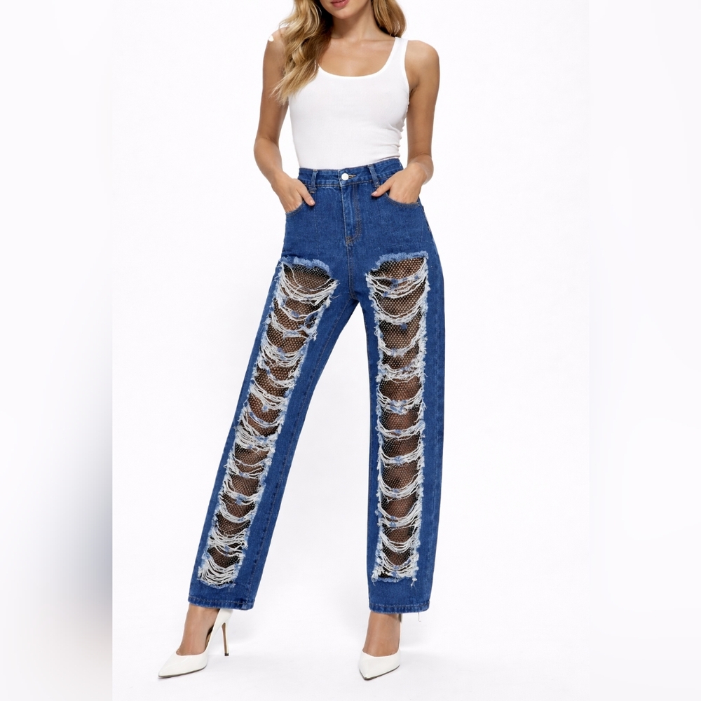 KIWI Los Angeles Distressed Mesh Cut Out High Rise Jeans Size Medium